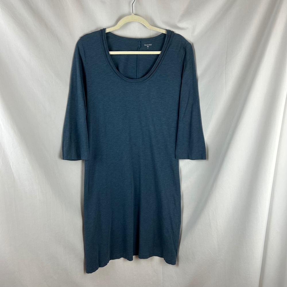 Garnet Hill Slate Blue Cotton Blend Pleated Scoop Neck 3/4 Sleeve Dress Small - Picture 2 of 8